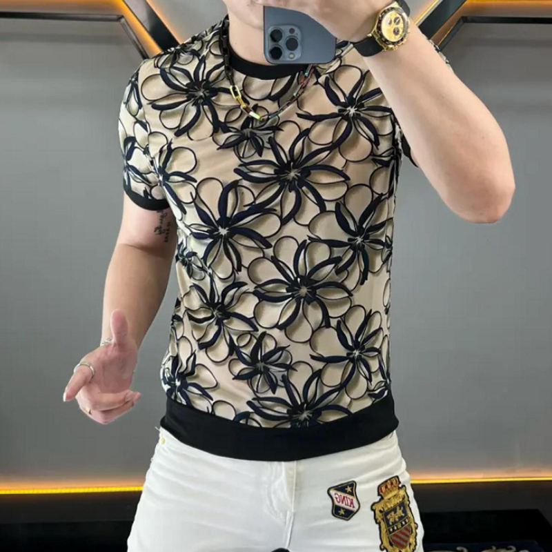 Streetwear Brand With Flowers - เสื้อยืดคอกลมแขนสั้นสำหรับผู้ชายลายดอกไม้ผ้าไอซ์ซิลค์เสื้อทีเชิ้ตแนวสตรีทสวมใส่สบายระบายอากาศได้ดีเสื้อ M-5XL