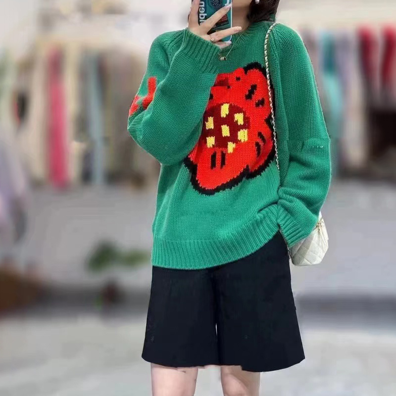 Streetwear Brand With Flowers - เสื้อสเวตเตอร์แคชเมียร์บริสุทธิ์ 100% สําหรับผู้หญิงดอกไม้หลวมความรู้สึกการออกแบบใหม่แบรนด์ต่างประเทศคอกลมแขนยาวเสื้อสเวตเตอร์หนาพิเศษ