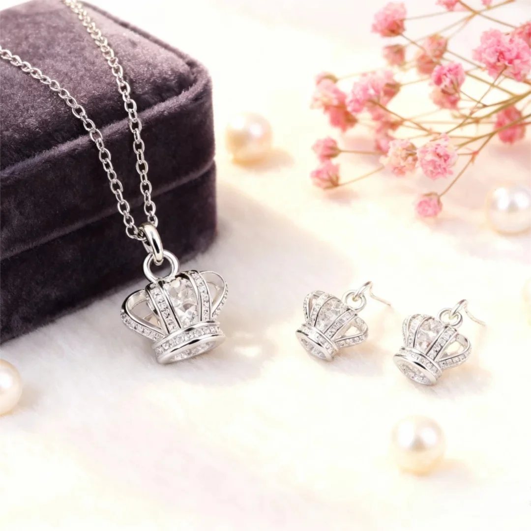Streetwear Brand Jewelry - แบรนด์ยอดนิยม สร้อยคอจี้มงกุฎคริสตัลแบบมินิมอลเงินแท้ 925 พร้อมต่างหูสำหรับผู้หญิง ชุดเครื่องประดับแฟชั่นสตรีทแวร์